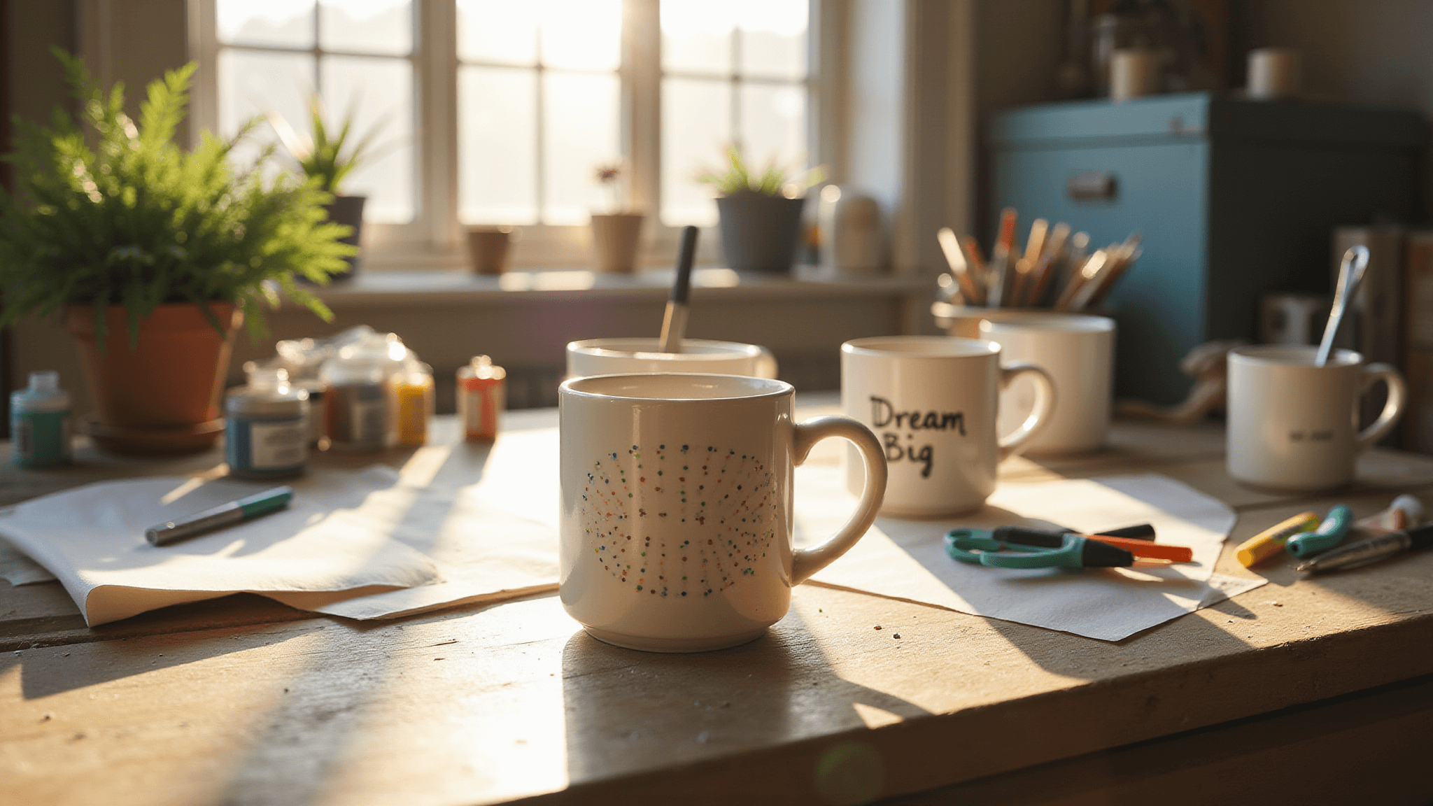 A sunlit craft studio setup featuring a rustic wooden table adorned with pristine white ceramic mugs, vibrant oil-based Sharpie paint pens, and various craft supplies. In the foreground, a half-finished mug with an intricate dot pattern contrasts with a completed "Dream Big" design in soft focus behind it, all illuminated by golden morning sunlight.