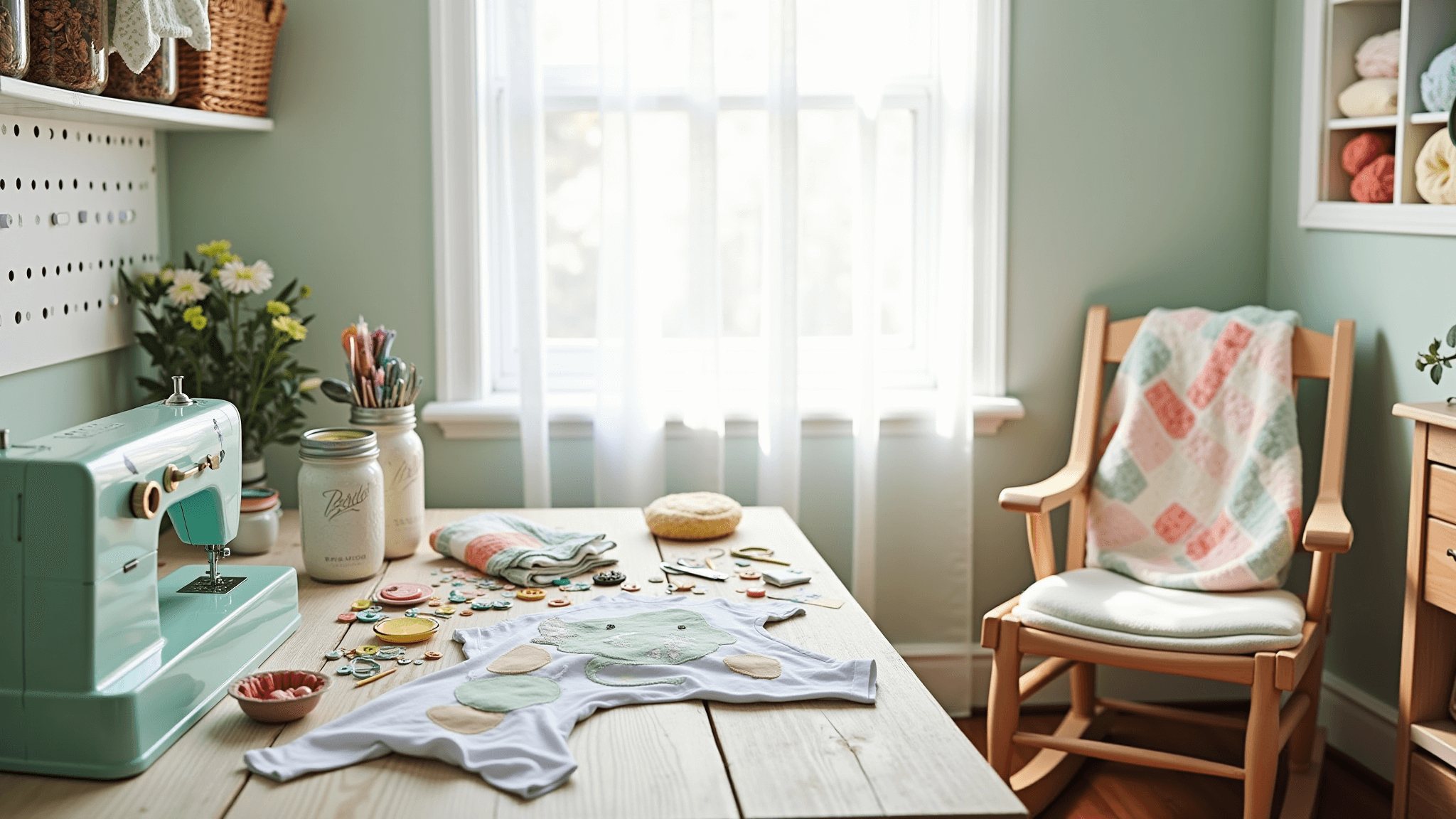 A bright craft room with a vintage mint-green sewing machine on a farmhouse table, surrounded by DIY baby projects, including a partially completed elephant-appliquéd onesie, colorful crafting supplies in jars, and a wicker basket filled with yarns, all bathed in natural morning light.
