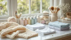 DIY Baby Gifts: Crafting Love from Your Own Two Hands Cozy home crafting station in natural light with pastel colors, featuring handmade baby items, a knitted blanket, fabric paints, onesies, and crafting supplies arranged on a marble countertop.