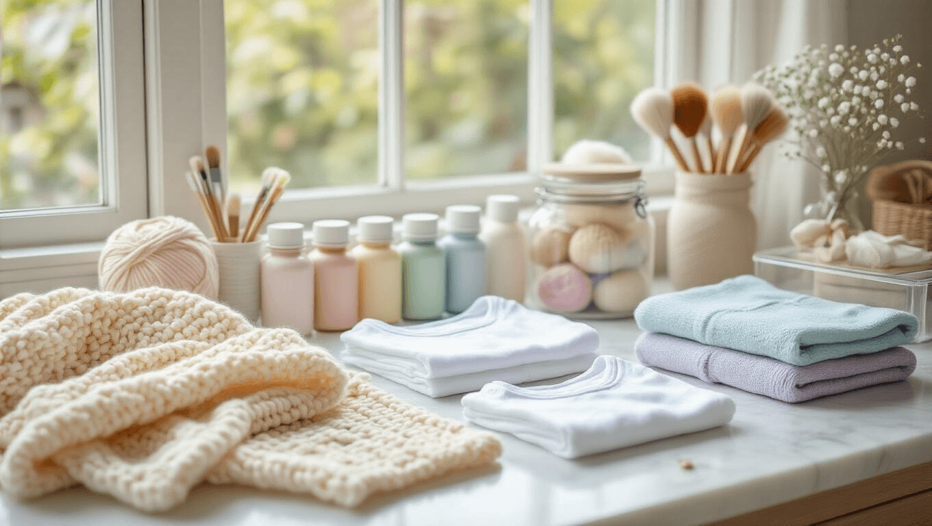 Cozy home crafting station in natural light with pastel colors, featuring handmade baby items, a knitted blanket, fabric paints, onesies, and crafting supplies arranged on a marble countertop.
