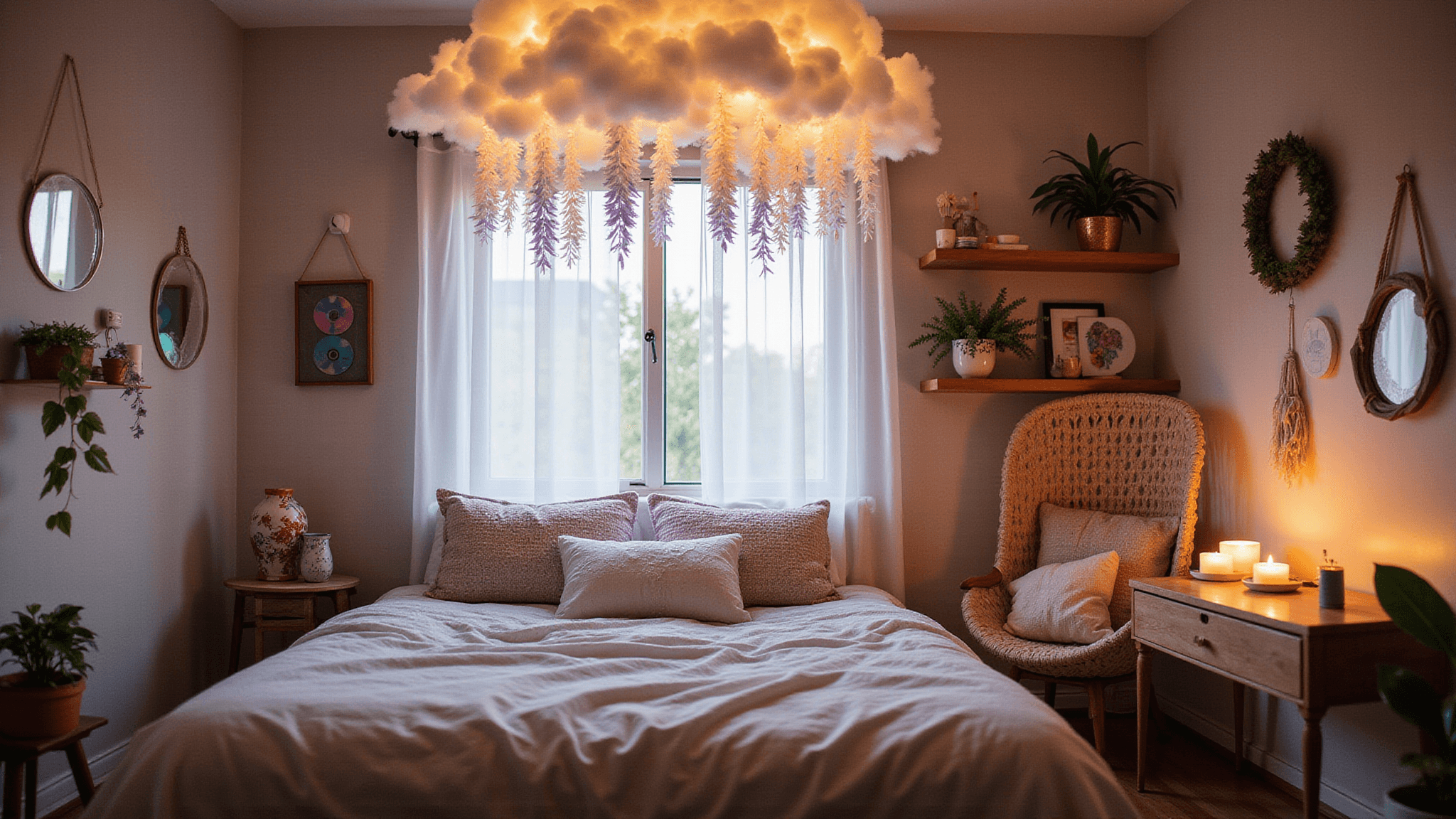A cozy teen bedroom at golden hour featuring colorful cloud lights, cascading wisteria, and a dreamy canopy of sheer curtains, with bohemian decor and warm ambient lighting.