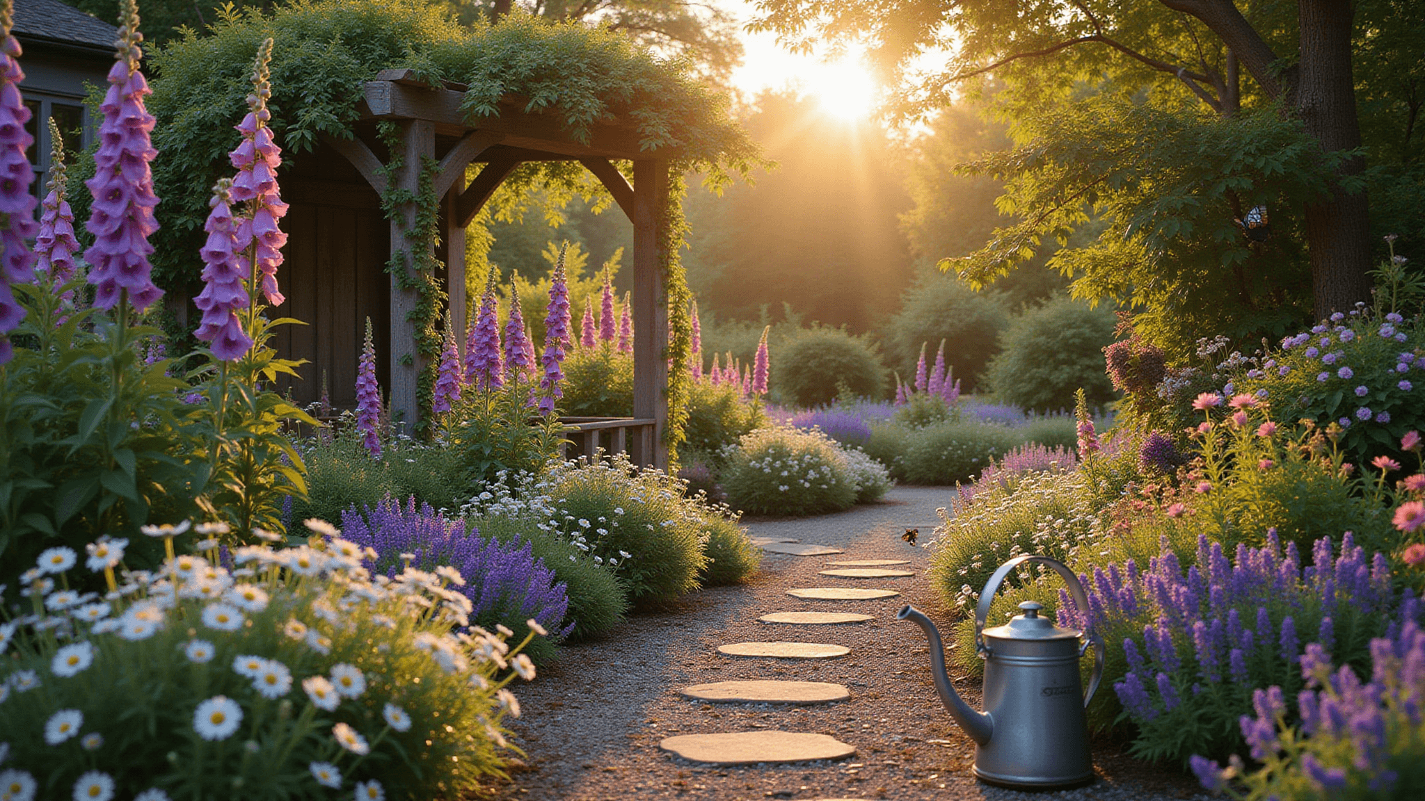 A photorealistic wide shot of an enchanted English cottage garden at golden hour, featuring a winding gravel path, towering purple foxgloves, pink hollyhocks, and climbing David Austin roses, with soft golden light creating a dreamy ambiance and rich textures throughout the scene.