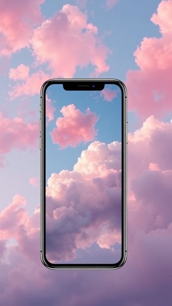 A phone displaying a sky with fluffy pink clouds against a blue background.