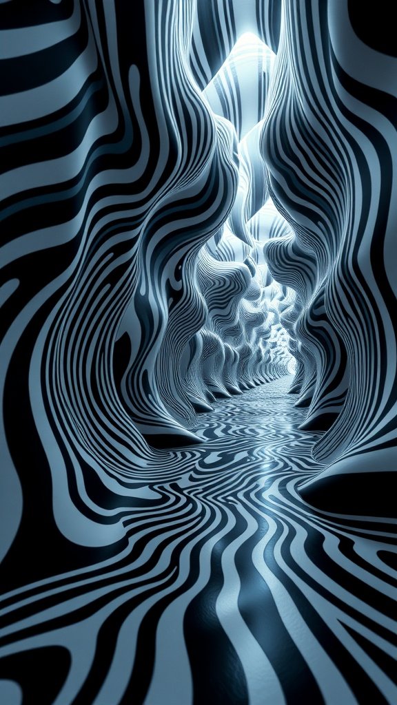 A dynamic optical illusion featuring a tunnel with swirling black and white patterns.