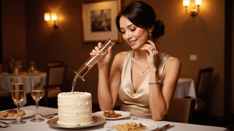 An elegant woman in a satin champagne-colored dress celebrates her birthday at a candlelit restaurant during the golden hour, with a dreamy bokeh effect in the background.