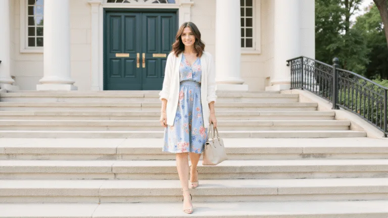 An elegant woman in a powder blue floral dress and cream cardigan ascends sunlit stone steps, wearing nude heels and carrying a beige handbag, surrounded by architectural details in soft natural lighting.