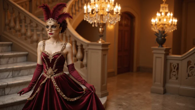 A glamorous woman in a burgundy velvet gown and ornate gold filigree mask poses near a marble staircase, illuminated by warm chandelier lighting.