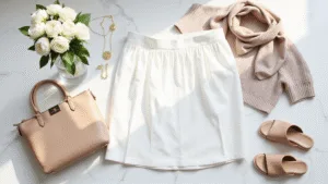 The Perfect White Skirt Outfits: Your Complete Style Guide for 2024 Bright editorial flat lay of a white pleated midi skirt, gold jewelry, beige cashmere sweater, and nude leather sandals on a marble desk, accented by a designer handbag, white peonies, and silk scarf, illuminated by natural sunlight.