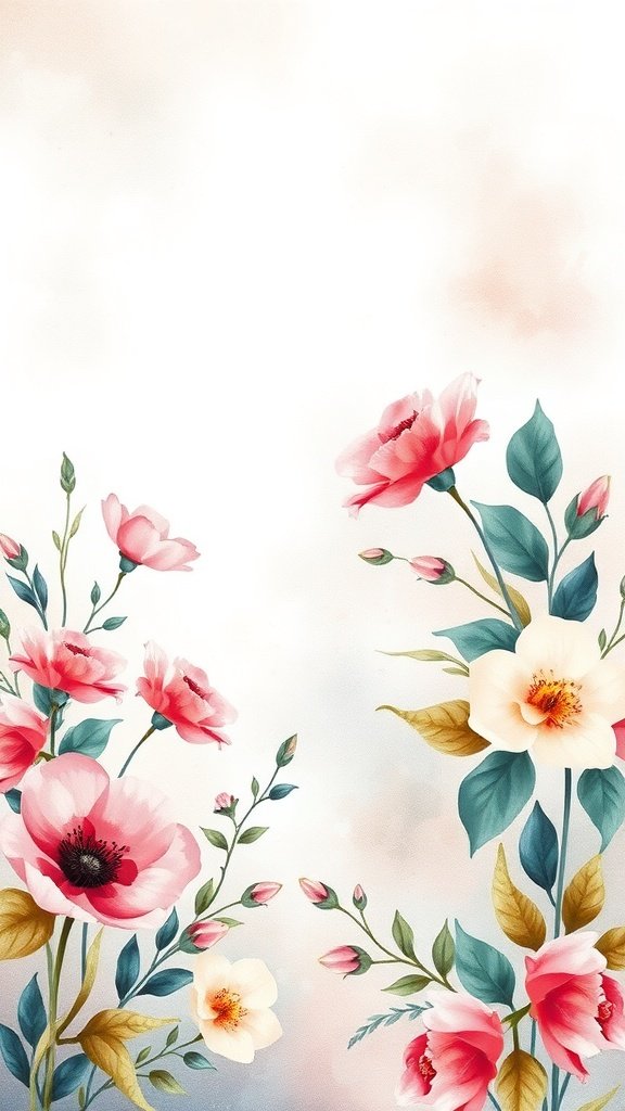A floral watercolor design featuring pink and cream flowers with green leaves on a soft background.