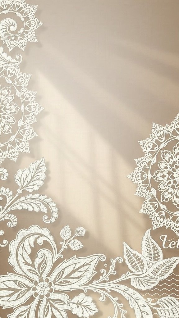 A soft beige background with intricate white lace patterns.
