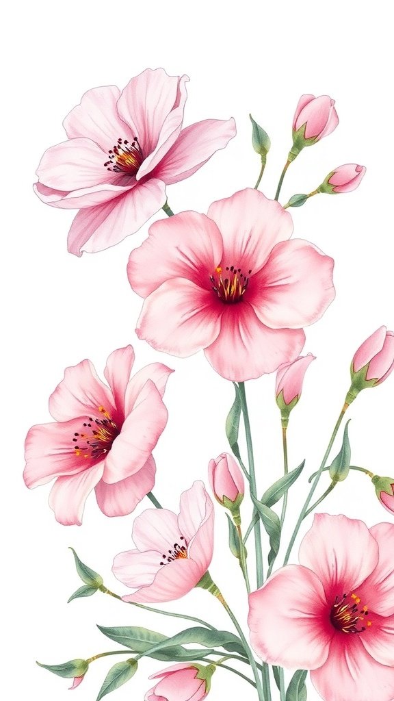 A collection of pink watercolor flowers with green stems and buds.