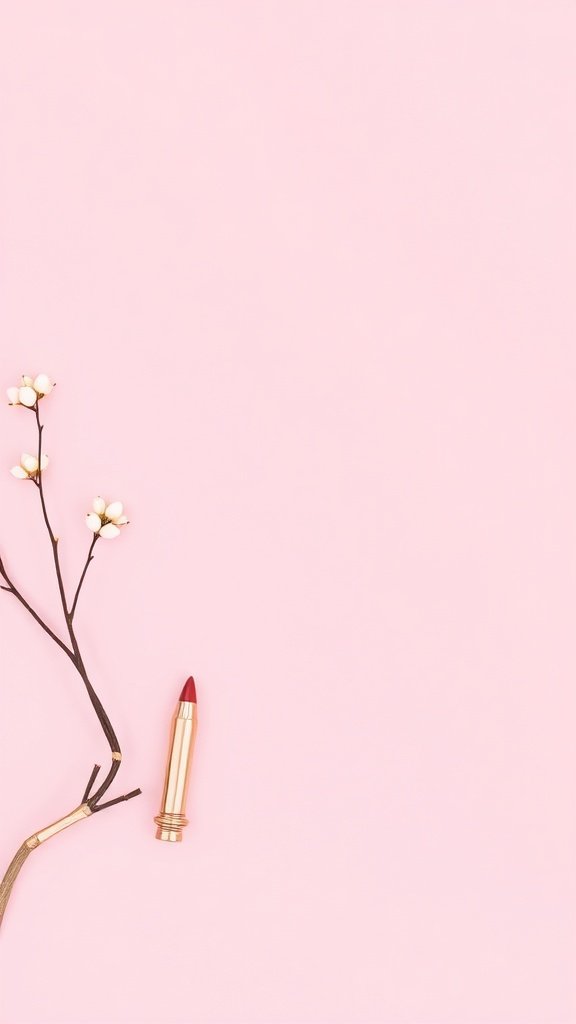 A pink background featuring a branch with white flowers and a rose gold lipstick.