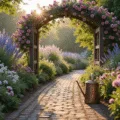 A dreamy, photorealistic wide-angle shot of a winding brick pathway through a lush cottage garden filled with blooming flowers, including pink roses, purple foxgloves, blue delphiniums, and white cosmos, under golden hour lighting with a vintage copper watering can nestled among the plants.