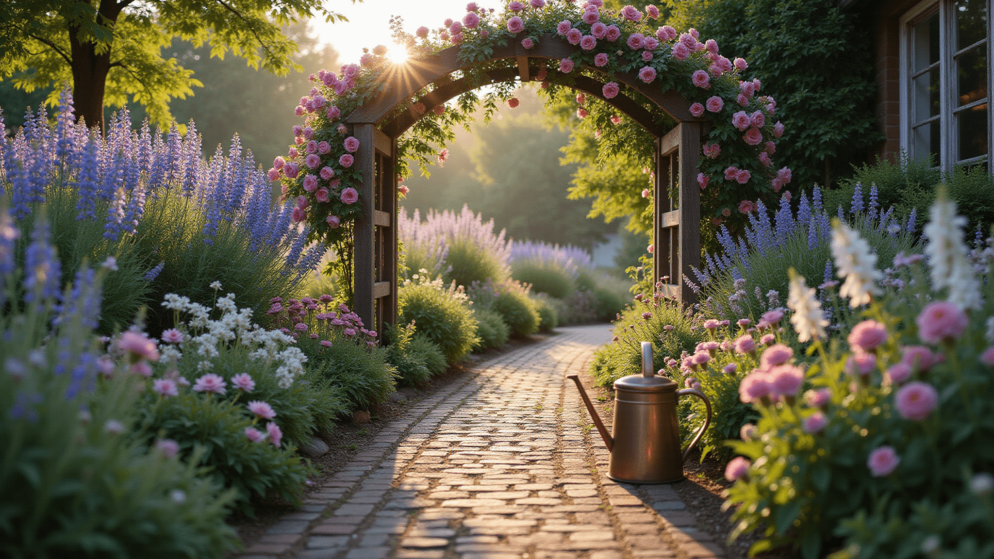 A dreamy, photorealistic wide-angle shot of a winding brick pathway through a lush cottage garden filled with blooming flowers, including pink roses, purple foxgloves, blue delphiniums, and white cosmos, under golden hour lighting with a vintage copper watering can nestled among the plants.