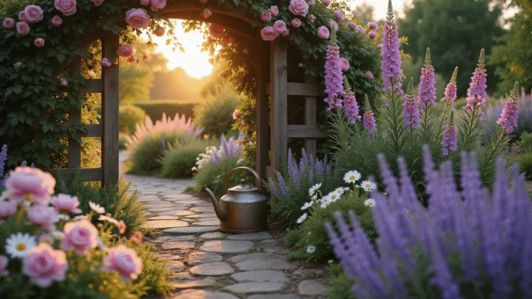Photorealistic image of a charming cottage garden entrance at golden hour, featuring a wooden arch with climbing pink roses, a winding stone pathway, and colorful cottage flowers, including peonies and delphiniums, with sunlight creating magical bokeh effects.