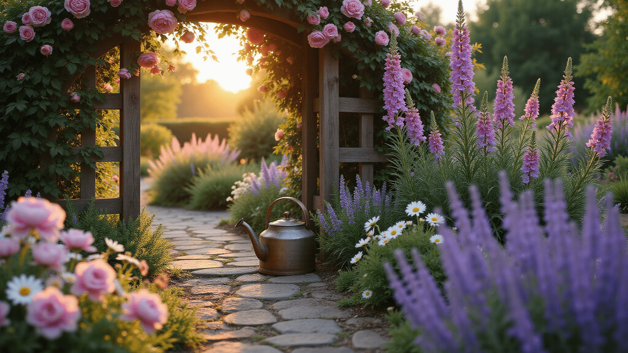 Photorealistic image of a charming cottage garden entrance at golden hour, featuring a wooden arch with climbing pink roses, a winding stone pathway, and colorful cottage flowers, including peonies and delphiniums, with sunlight creating magical bokeh effects.