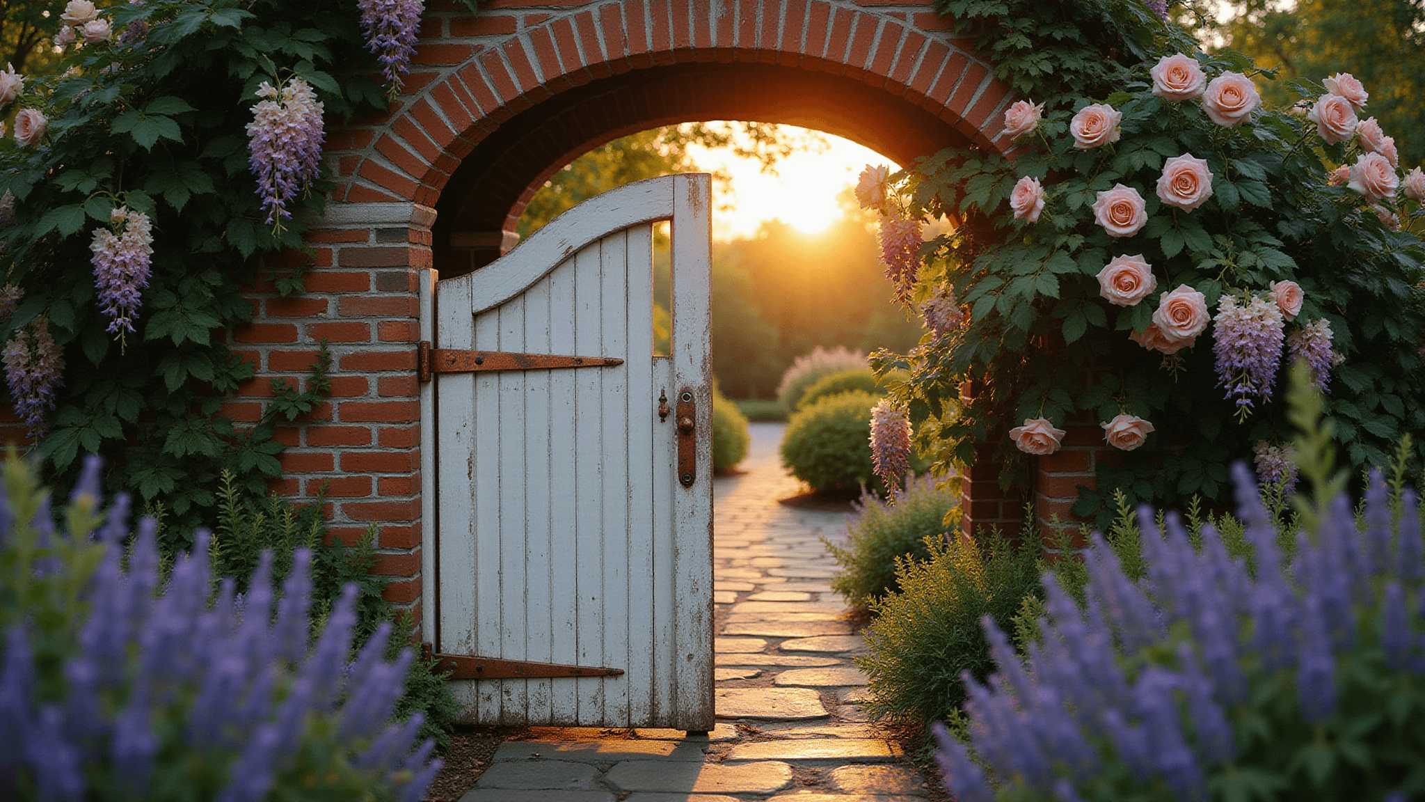 A wide-angle view of a tall white picket gate framed by climbing roses and wisteria, set in a weathered brick archway during golden hour, featuring aged copper hardware and a winding stone pathway lined with lavender.