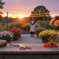 Photorealistic image of a lush cutting garden at golden hour, featuring a weathered potting bench with copper scissors and vintage mason jars of zinnias, dahlias, and cosmos. Soft backlight highlights flower silhouettes against a dusky purple-pink sky, while a figure in a linen apron harvests blooms among raised beds of snapdragons and climbing roses, illuminated by twinkling string lights.
