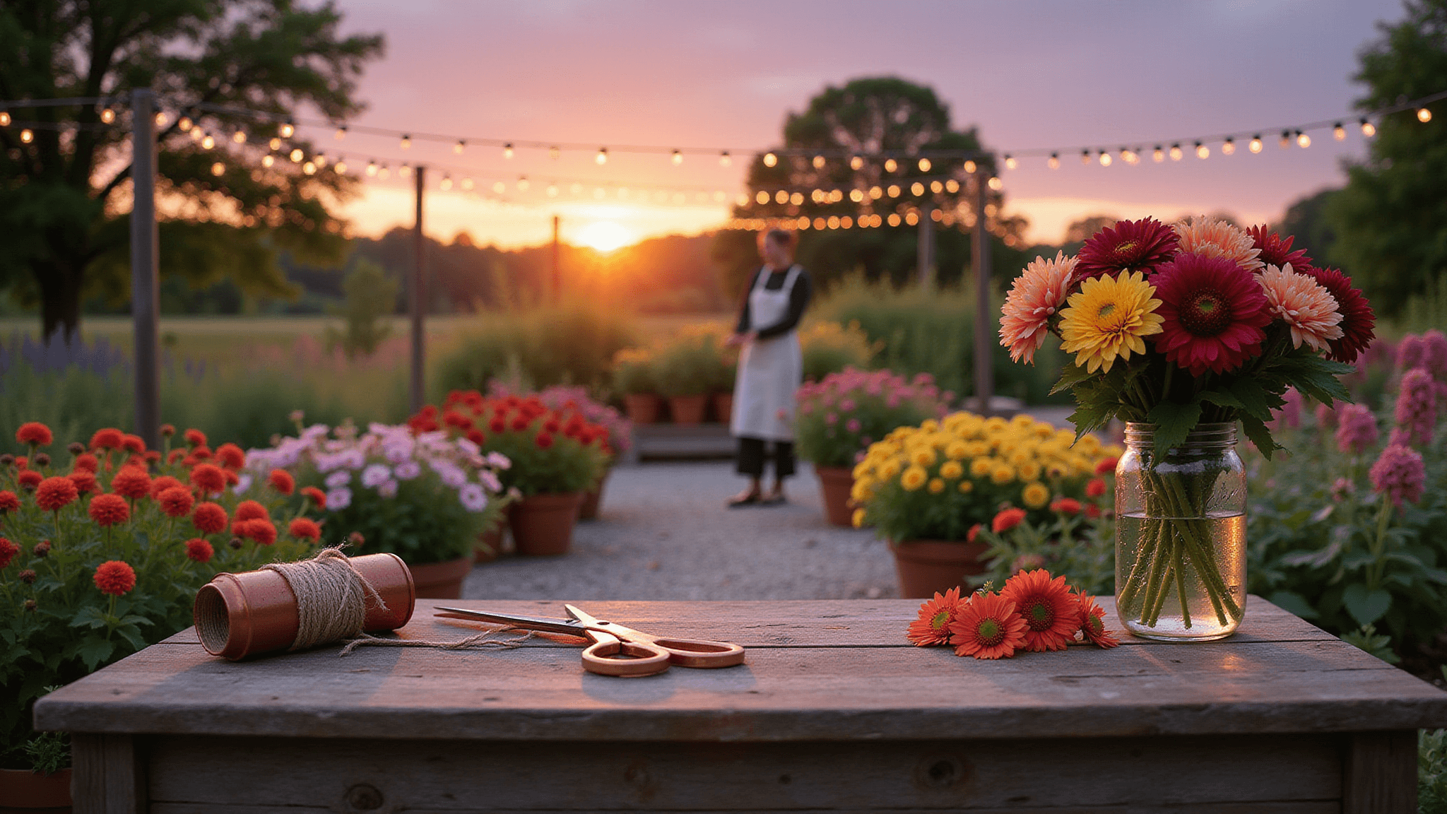 Photorealistic image of a lush cutting garden at golden hour, featuring a weathered potting bench with copper scissors and vintage mason jars of zinnias, dahlias, and cosmos. Soft backlight highlights flower silhouettes against a dusky purple-pink sky, while a figure in a linen apron harvests blooms among raised beds of snapdragons and climbing roses, illuminated by twinkling string lights.
