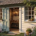 A photorealistic wide-angle shot of a charming English cottage garden shed, showcasing a weathered exterior with climbing roses and a curved wooden door, alongside an inviting interior featuring whitewashed walls, exposed beams, and a vintage potting bench, all illuminated by golden hour light and surrounded by soft bokeh cottage garden flowers.