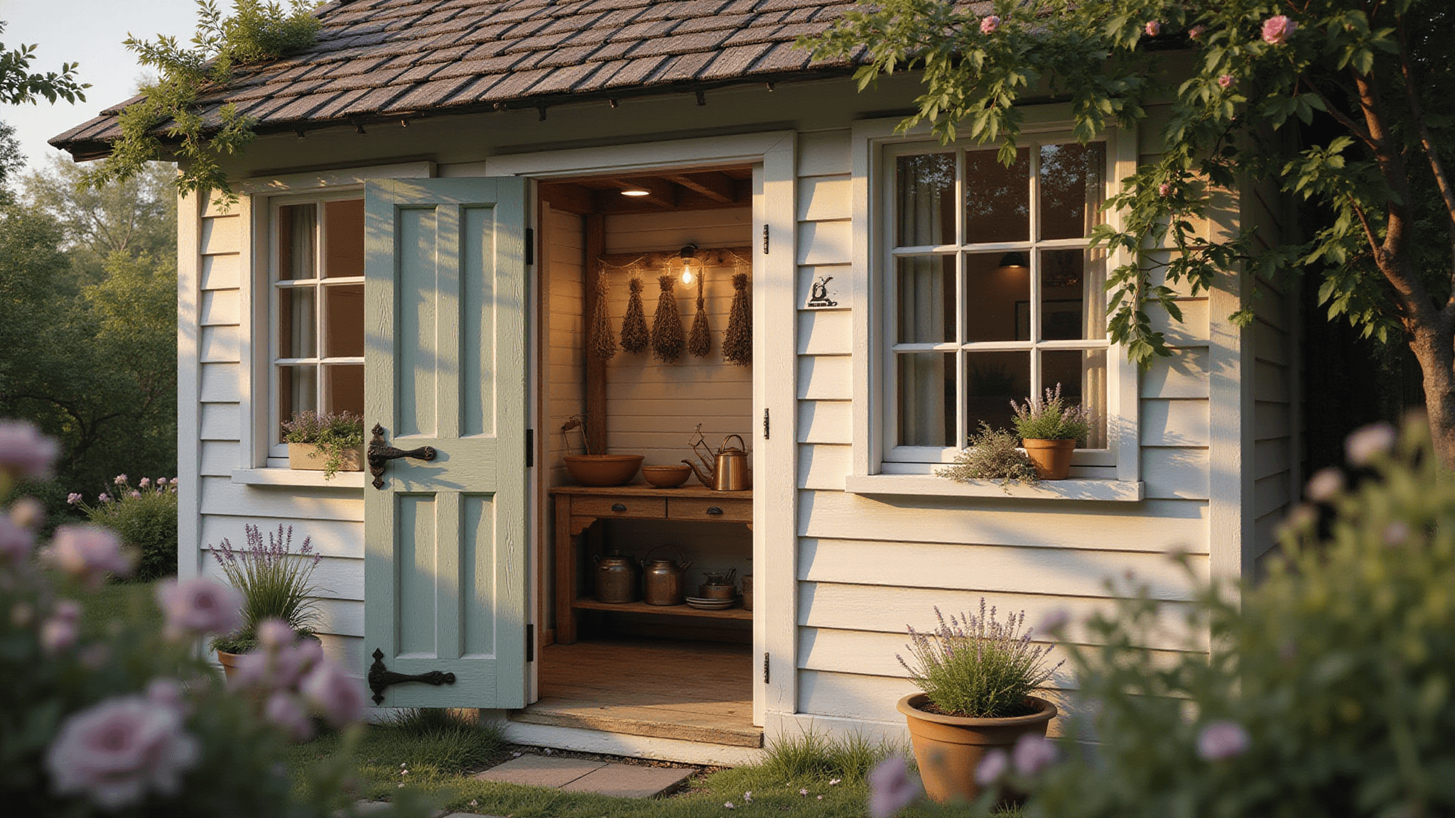 A photorealistic wide-angle shot of a charming English cottage garden shed, showcasing a weathered exterior with climbing roses and a curved wooden door, alongside an inviting interior featuring whitewashed walls, exposed beams, and a vintage potting bench, all illuminated by golden hour light and surrounded by soft bokeh cottage garden flowers.