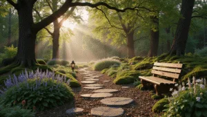 A photorealistic woodland garden path at golden hour, lined with ancient trees and a weathered bench, featuring vibrant hostas, ferns, and bleeding hearts amidst dappled sunlight and morning mist, enhanced by copper lanterns and rich earth tones.