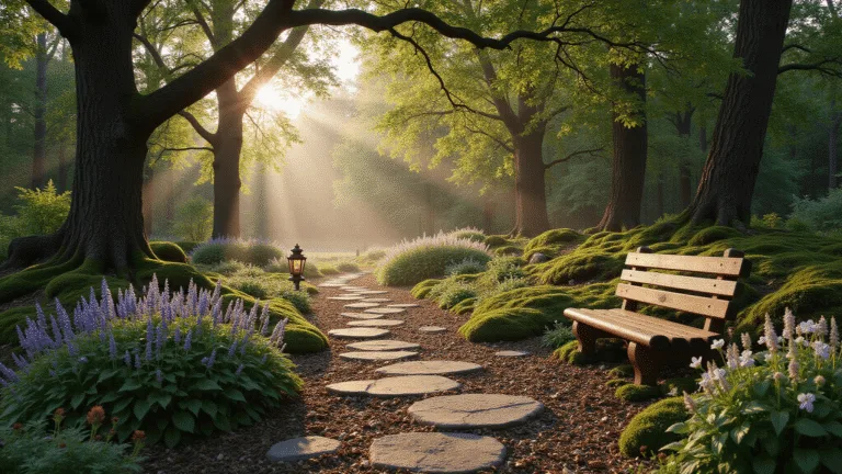 A photorealistic woodland garden path at golden hour, lined with ancient trees and a weathered bench, featuring vibrant hostas, ferns, and bleeding hearts amidst dappled sunlight and morning mist, enhanced by copper lanterns and rich earth tones.