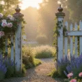 A romantic vintage cottage garden featuring a weathered white picket fence adorned with soft pink 'New Dawn' roses, blooming foxgloves, and a gravel path, all bathed in golden hour light with soft bokeh and ethereal mist.