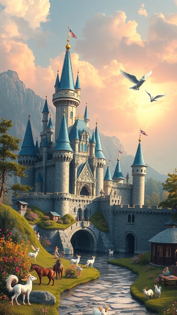 A beautiful fairy tale castle with blue spires, surrounded by lush greenery and magical creatures like unicorns.