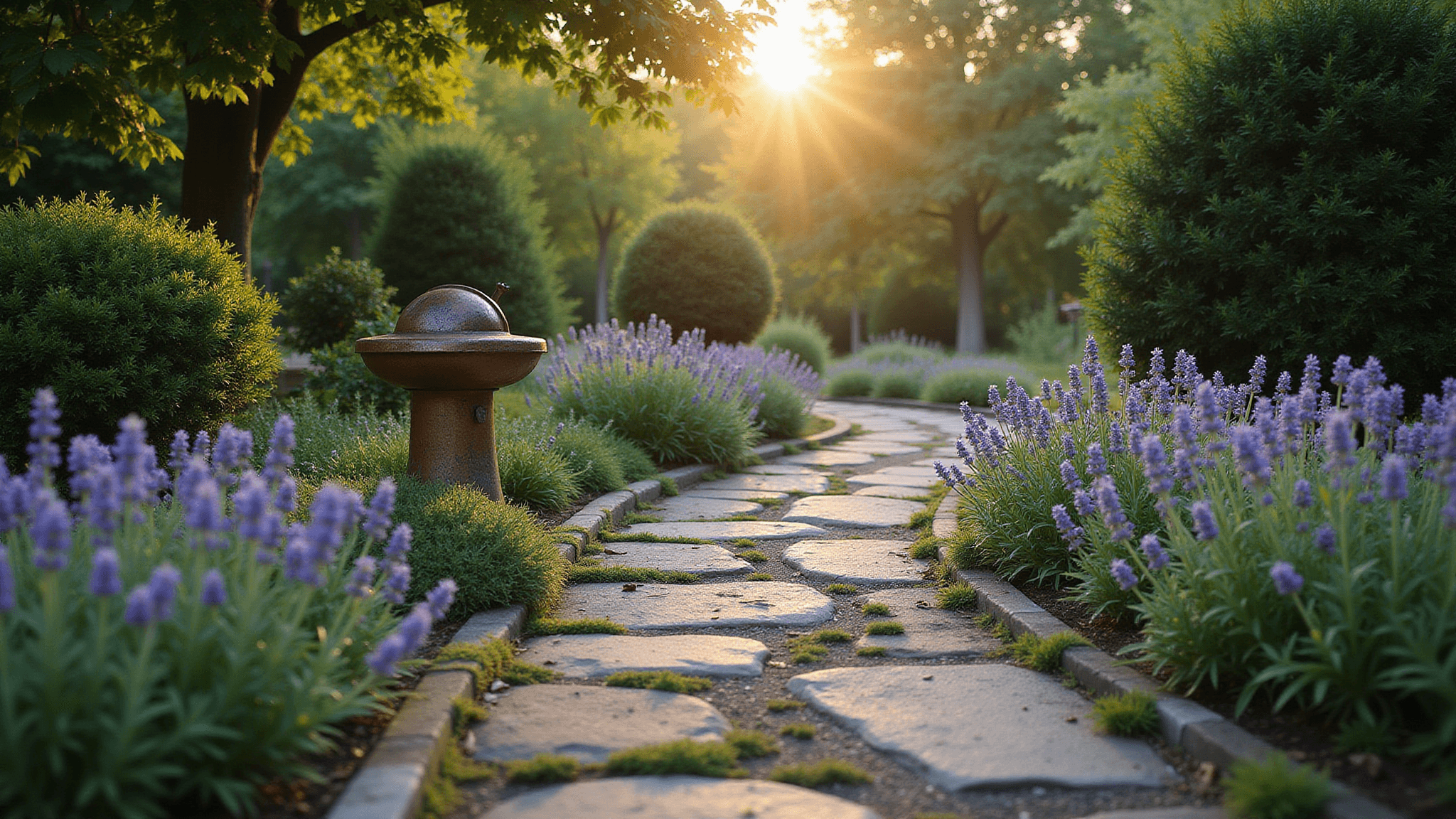 A winding flagstone pathway through an English cottage garden at golden hour, featuring weathered gray and rust-colored stones, moss, lavender, and catmint, framed by boxwood hedges and dappled sunlight filtering through maple trees, with a copper sundial as a focal point.