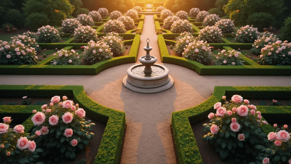 Aerial view of a formal English rose garden at golden hour, featuring symmetrical design with pink and cream David Austin roses, a limestone fountain, and boxwood hedges, all illuminated by warm sunlight.