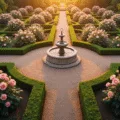 Aerial view of a formal English rose garden at golden hour, featuring symmetrical design with pink and cream David Austin roses, a limestone fountain, and boxwood hedges, all illuminated by warm sunlight.