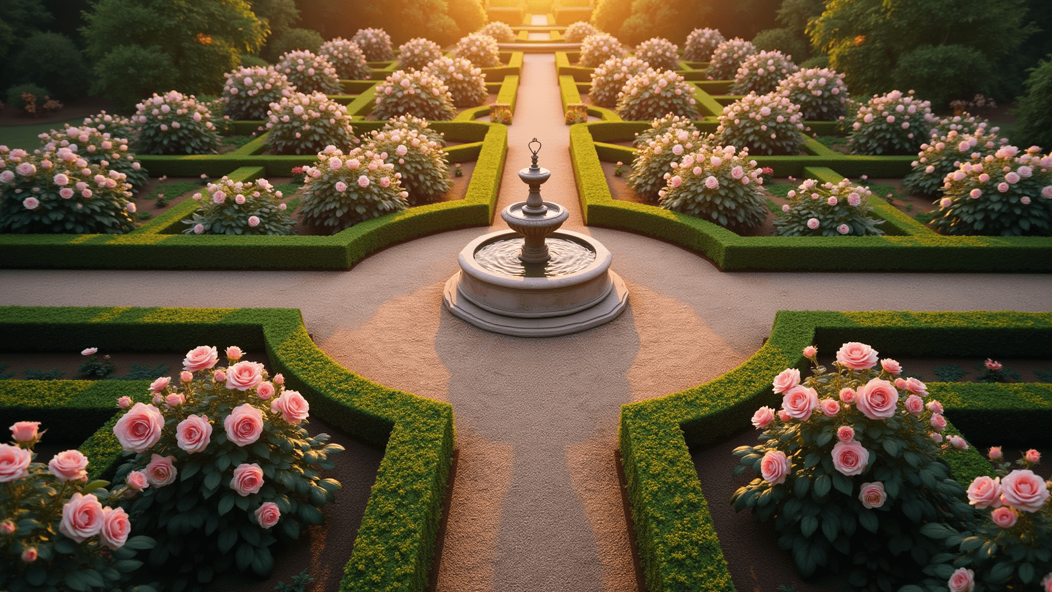 Aerial view of a formal English rose garden at golden hour, featuring symmetrical design with pink and cream David Austin roses, a limestone fountain, and boxwood hedges, all illuminated by warm sunlight.