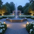 A cinematic wide-angle view of an ethereal twilight garden featuring white hydrangeas, silver-leafed artemisia, and a weathered stone fountain, under cool blue hour lighting with warm uplighting on plants, creating a dreamy, mystical atmosphere.