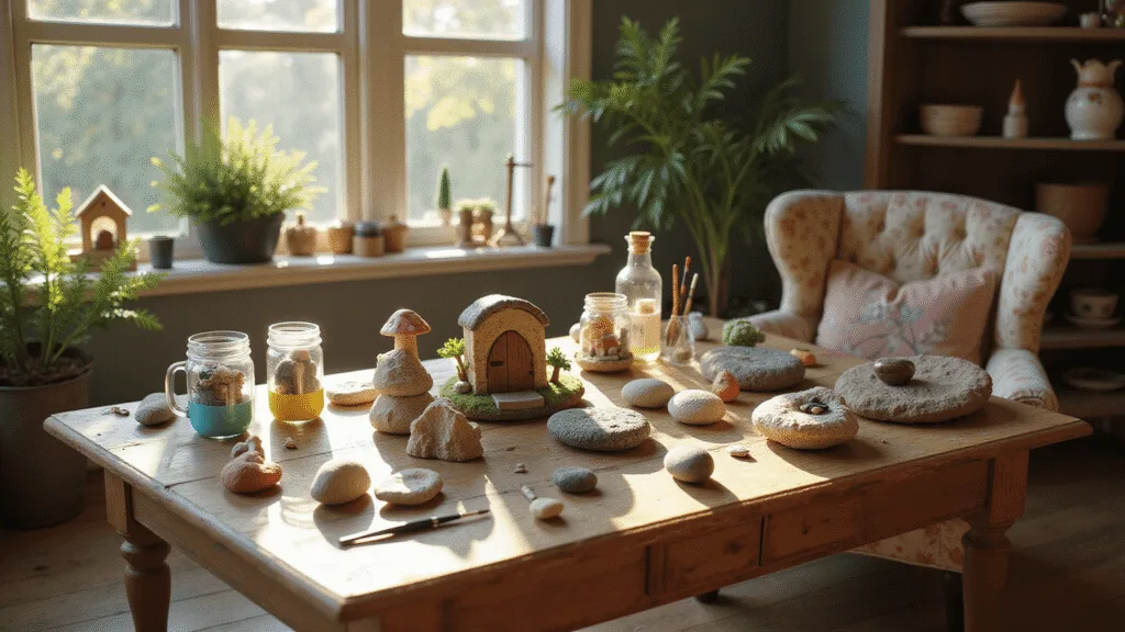 A sunlit craft room featuring a rustic wooden table scattered with painted river rocks, vibrant acrylic paints, fine-detail brushes, and completed fairy garden designs, with vintage mason jars holding supplies and a cozy armchair nearby.