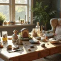 A sunlit craft room featuring a rustic wooden table scattered with painted river rocks, vibrant acrylic paints, fine-detail brushes, and completed fairy garden designs, with vintage mason jars holding supplies and a cozy armchair nearby.