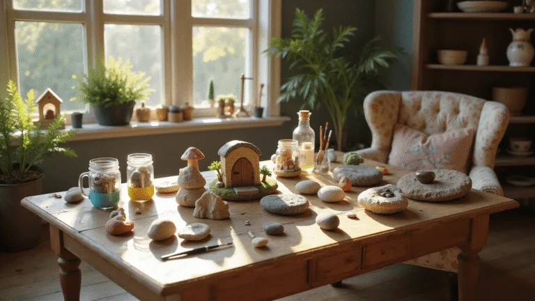 A sunlit craft room featuring a rustic wooden table scattered with painted river rocks, vibrant acrylic paints, fine-detail brushes, and completed fairy garden designs, with vintage mason jars holding supplies and a cozy armchair nearby.