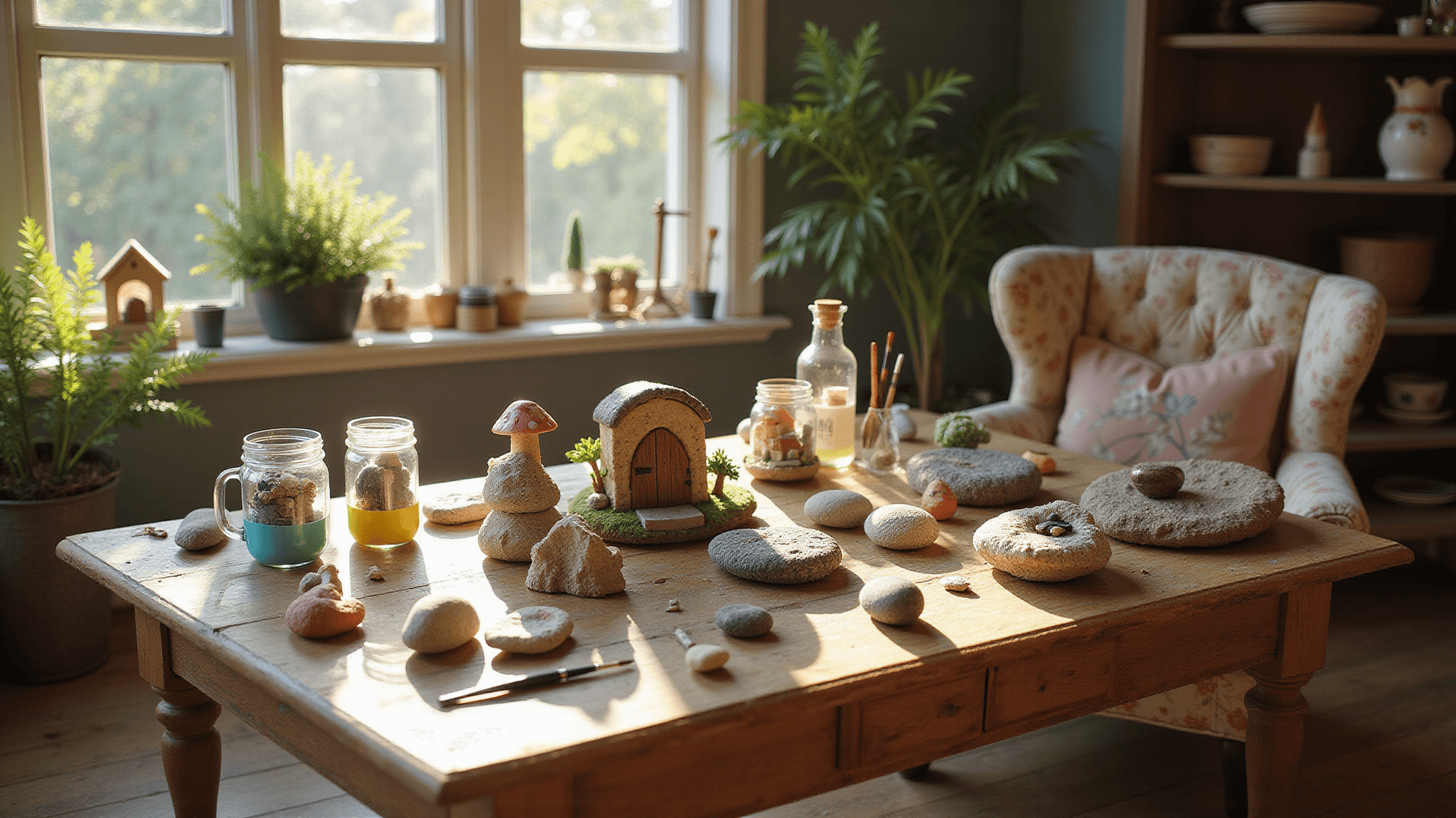 A sunlit craft room featuring a rustic wooden table scattered with painted river rocks, vibrant acrylic paints, fine-detail brushes, and completed fairy garden designs, with vintage mason jars holding supplies and a cozy armchair nearby.