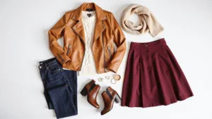 Flat lay of fall fashion essentials including a caramel leather jacket, cream cable-knit sweater, dark wash denim jeans, burgundy midi skirt, and brown leather ankle boots, arranged on a white background with natural lighting, gold accessories, and a beige scarf.