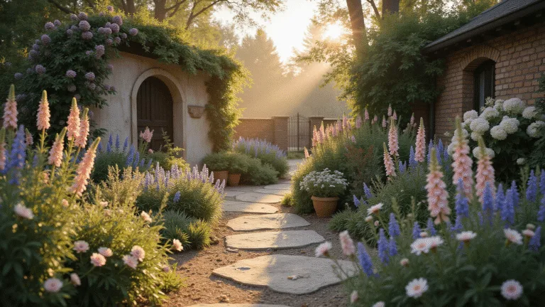 A dreamy French cottage garden at golden hour, featuring lavender, 'New Dawn' roses, peonies, and foxgloves, with a winding stone pathway, vintage pots, and soft mist creating a romantic atmosphere.