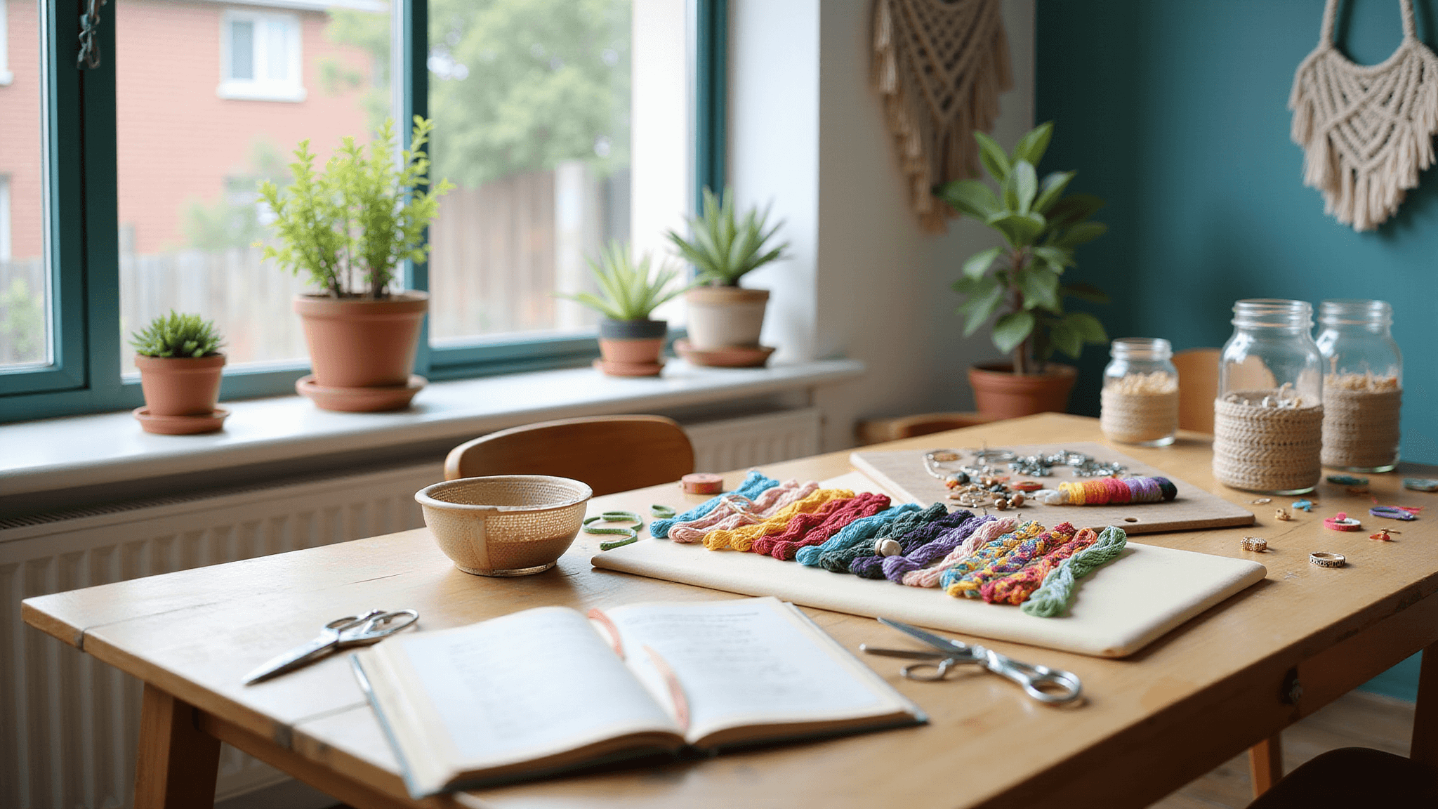 A bright craft room workspace filled with colorful embroidery floss, vintage scissors, and jars of beads, featuring a partially completed chevron friendship bracelet on a pinning board, illuminated by natural light from large windows.