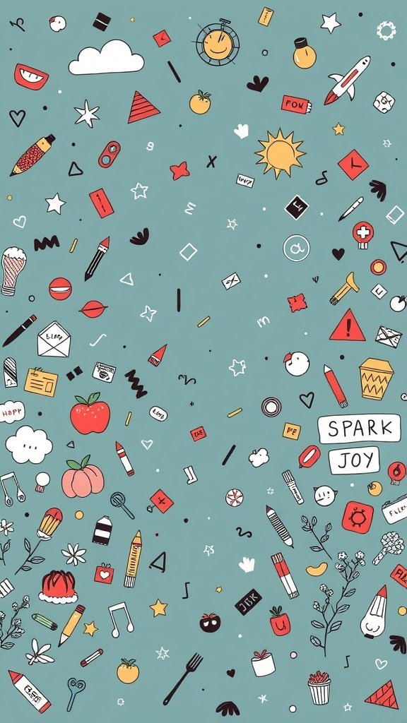 A colorful doodle wallpaper featuring various playful icons on a teal background.