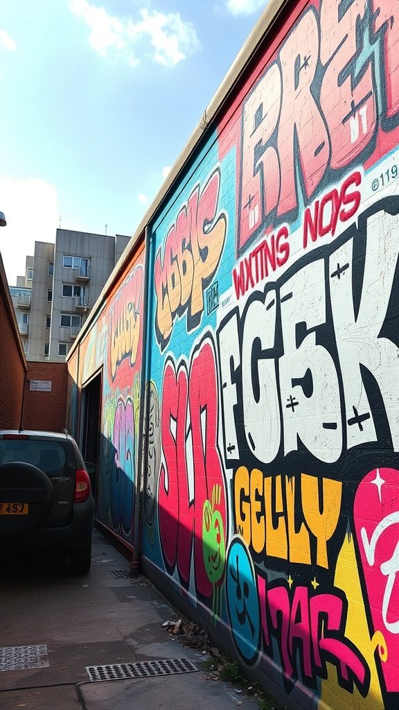 Colorful graffiti art on a wall with various tags and characters