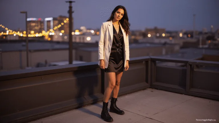 A woman wearing a black silk dress and cream blazer paired with combat boots stands on a rooftop during golden hour, with a city skyline and string lights creating a bokeh effect around her.
