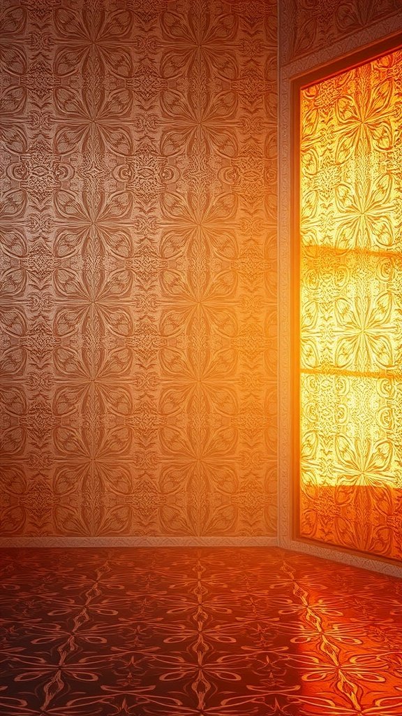 A room with metallic patterned wallpaper and an orange glow from the window.