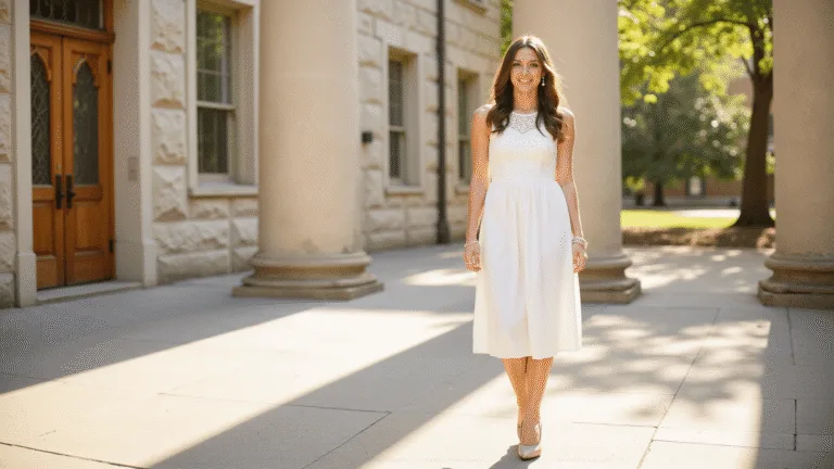 A woman in a sophisticated white A-line midi dress with lace trim stands in a sunlit university courtyard, showcasing the dress's details and paired with nude block heels and pearl jewelry, with historic stone architecture and soft bokeh in the background.