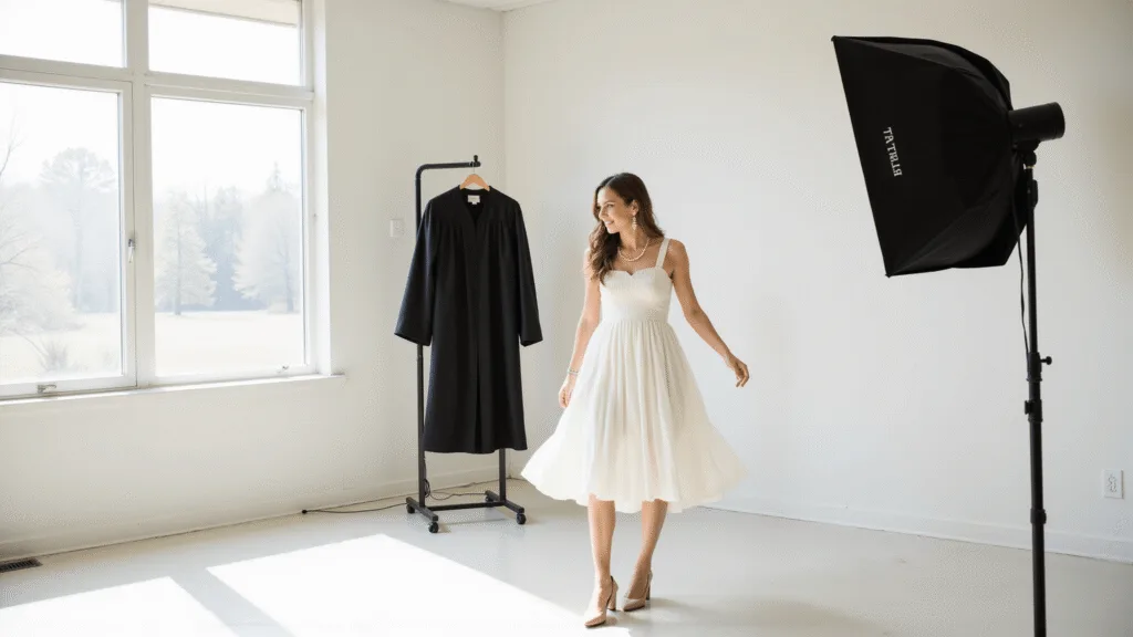 How to Choose the Perfect University Graduation Outfit A graduating student in a white midi dress and nude block heels poses joyfully in a bright photography studio, with pearl drop earrings and a black graduation gown on a nearby rack, illuminated by natural light.
