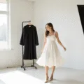 A graduating student in a white midi dress and nude block heels poses joyfully in a bright photography studio, with pearl drop earrings and a black graduation gown on a nearby rack, illuminated by natural light.