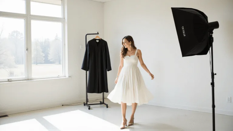 A graduating student in a white midi dress and nude block heels poses joyfully in a bright photography studio, with pearl drop earrings and a black graduation gown on a nearby rack, illuminated by natural light.
