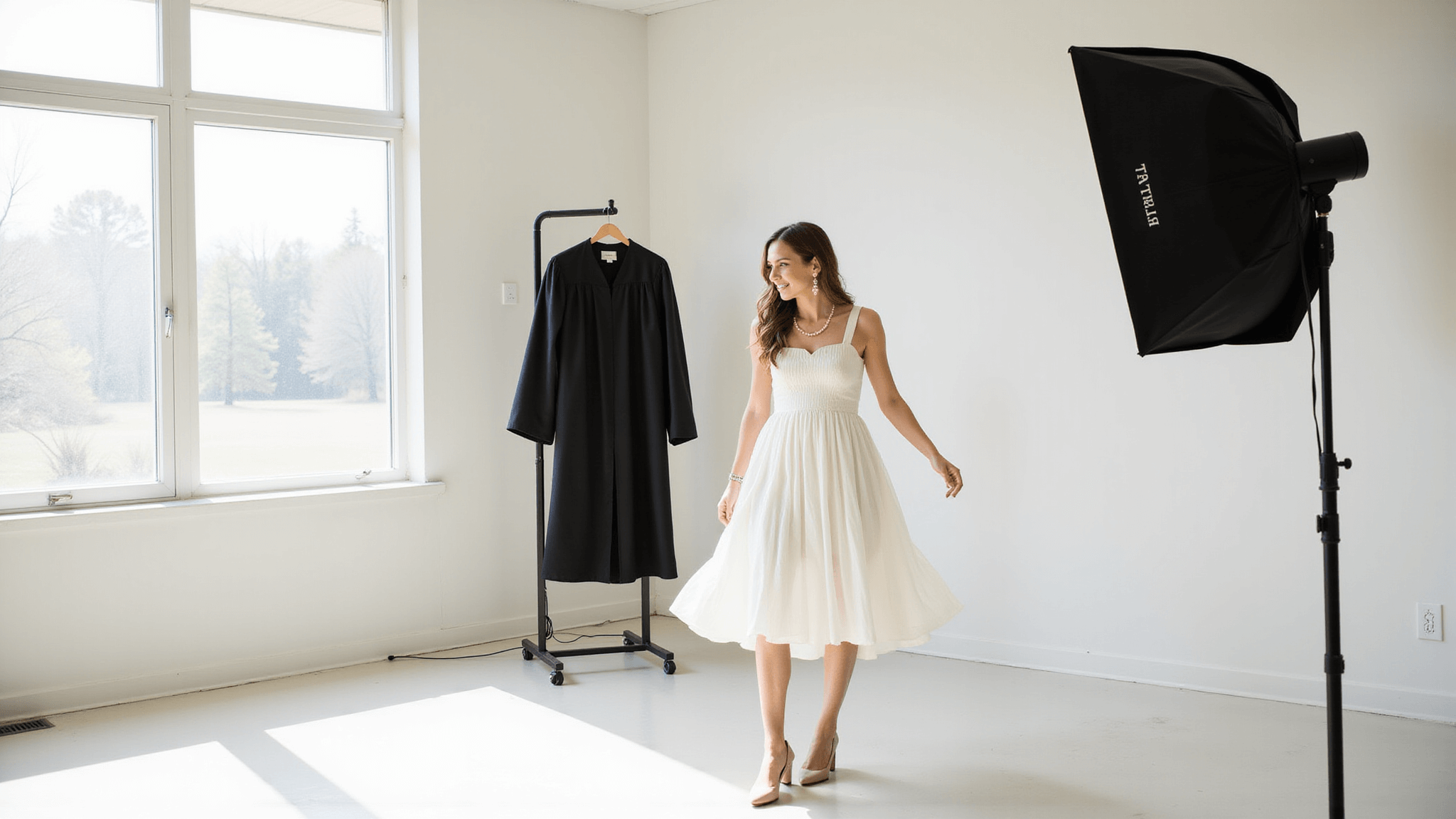 A graduating student in a white midi dress and nude block heels poses joyfully in a bright photography studio, with pearl drop earrings and a black graduation gown on a nearby rack, illuminated by natural light.